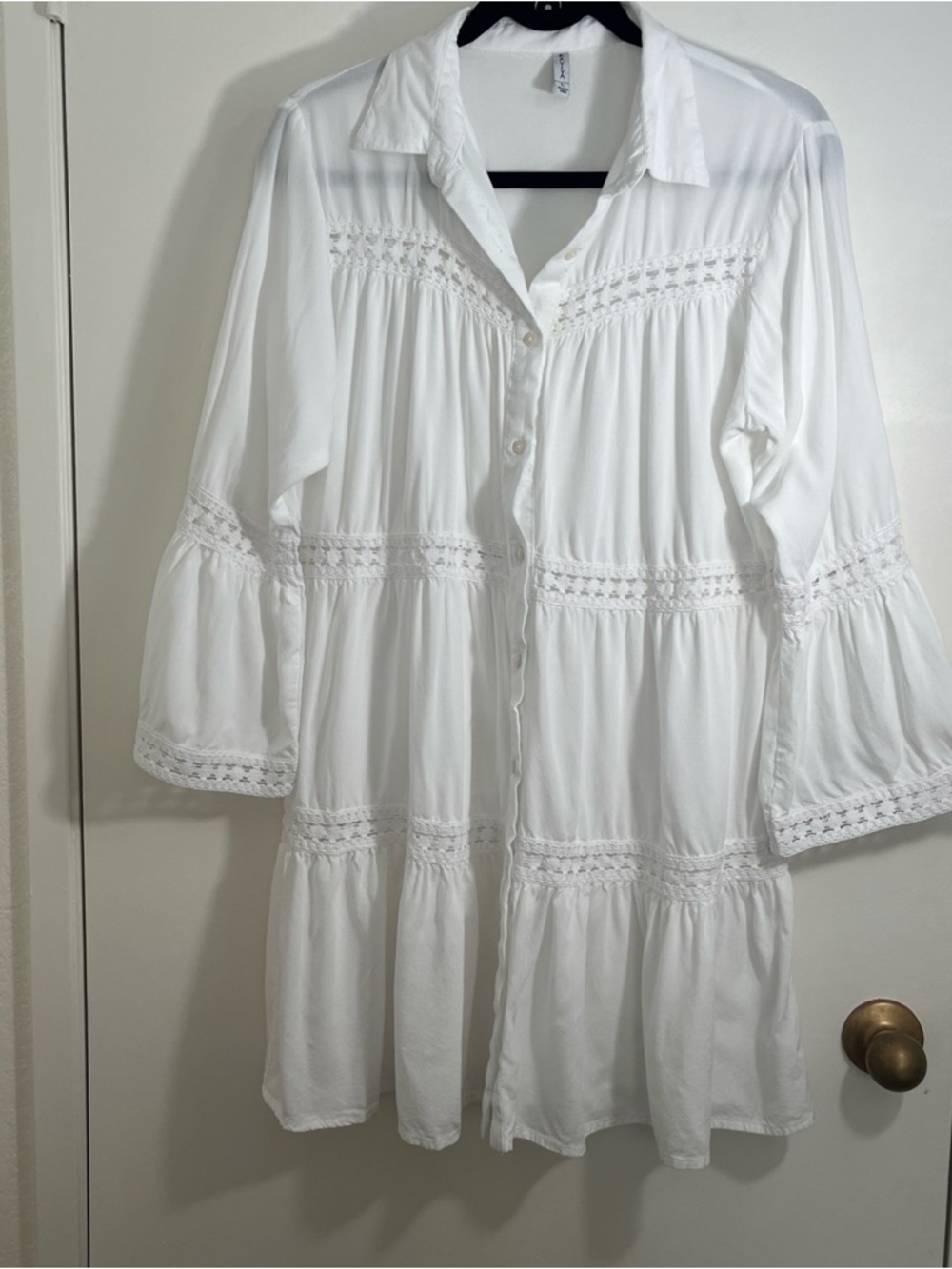 Raviya White Button-Front Tiered Dress Coverup Large Bell Sleeves Lace Trim Boho